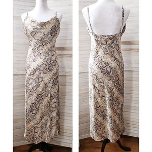 Snake Print Cowl Neck High Slit Midi Slip Dress